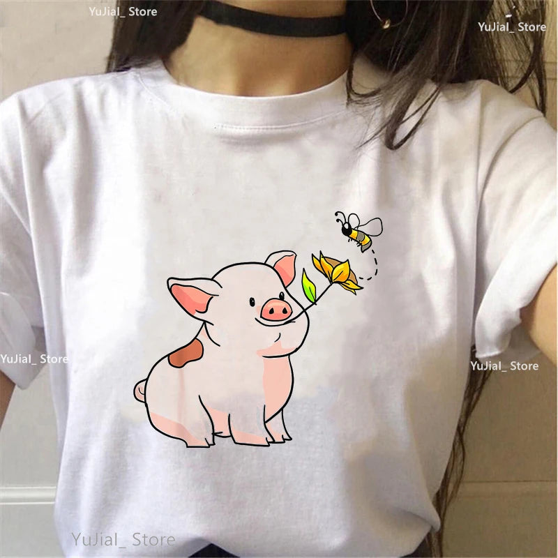 Christmas Gift Pig Animal Print Tshirt Women'S Clothing Harajuku Kawaii Funny T Shirt Femme Summer Fashion Female T-Shirt Tops