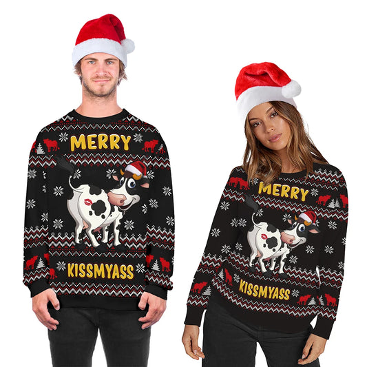 Funny Cow 3D Printed Men Ugly Christmas Sweaters Unisex Holiday Party Dress Up Xmas Sweatshirts Women Clothes