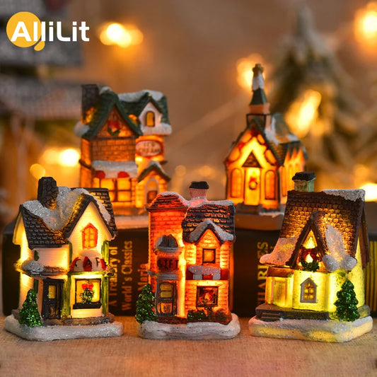 Christmas Decoration 2024 New Year Night Light LED Luminous Snow House Sculpture Home Resin Crafts Xmas Gift for Kids