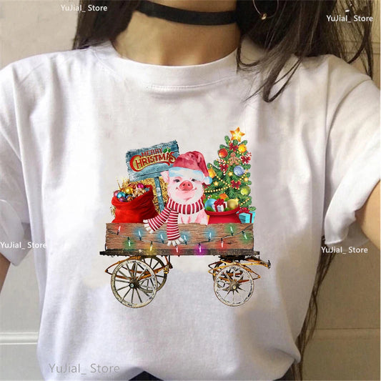 Christmas Gift Pig Animal Print Tshirt Women'S Clothing Harajuku Kawaii Funny T Shirt Femme Summer Fashion Female T-Shirt Tops