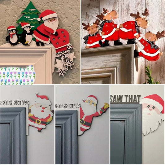 Christmas Door Frame Decoration Santa Claus Wooden Christmas Decorations Happy New Year 2024 Door Frame Trim Wood Xmas Decor